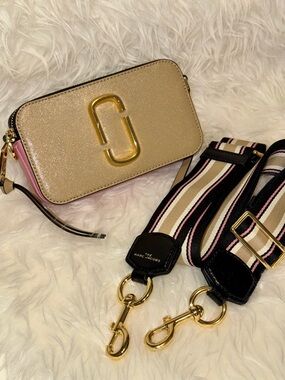 Marc Jacobs Gold & Pink Double J Crossbody with Striped Strap